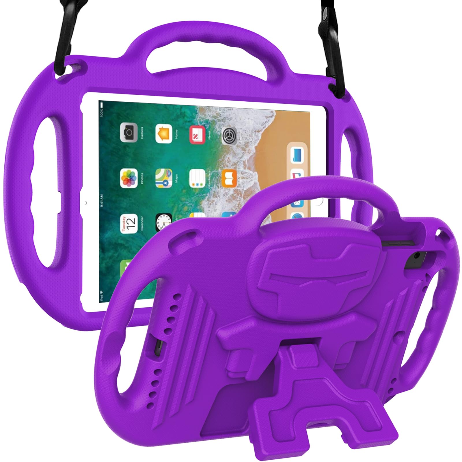 LTROP Kids Case for iPad 5th/6th Generation (2017/2018) & Air 2, Shoulder Strap Handle Stand Shockproof Bumper Cute Kid Case for iPad 9.7 Inch, Purple