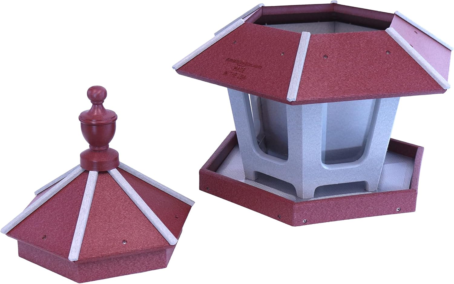 AmishToyBox.com Gazebo Bird Feeder - Deluxe Triple Compartment Post-Mount Large Bird Feeder - Made in The USA with Poly Lumber (Cherry Wood and Light Gray)