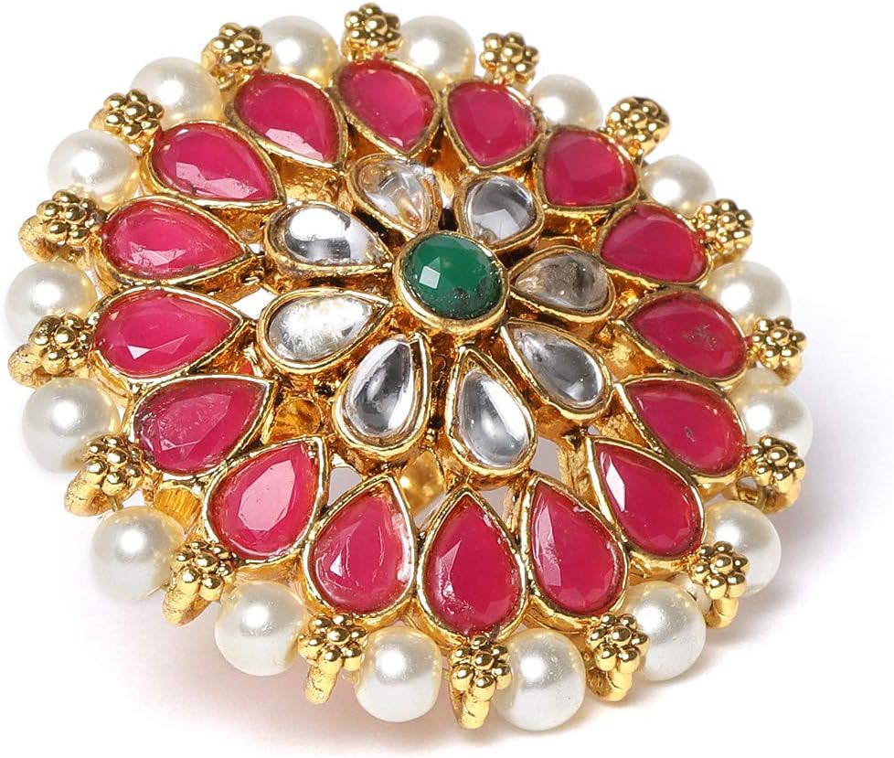 ZAVERI PEARLSPink And Green Stones And Pearls Base Metal Flower Traditional Finger Ring For Women - Zpfk9544