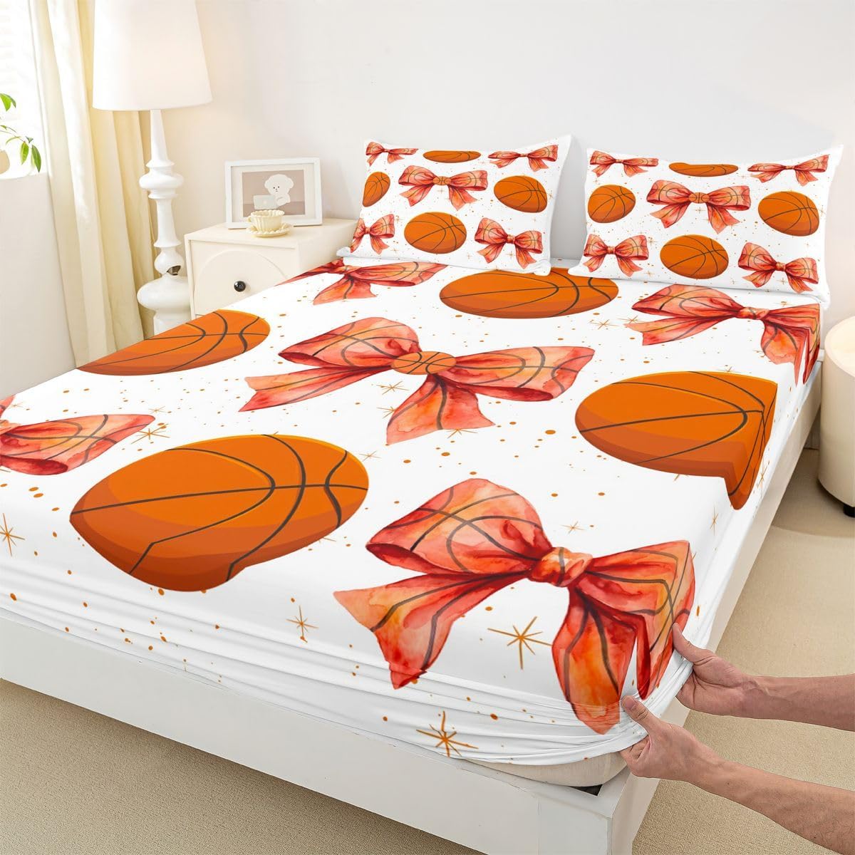 jejeloiu Basketball Bow Fitted Sheet with 2 Pillowcases Full Size Bowknot Bed Sheets Set 16" Deep Pocket Boys Girls Ball Games Bedding Vintage Gaming Sports Teens Bedroom Decor Breathable Soft image 3