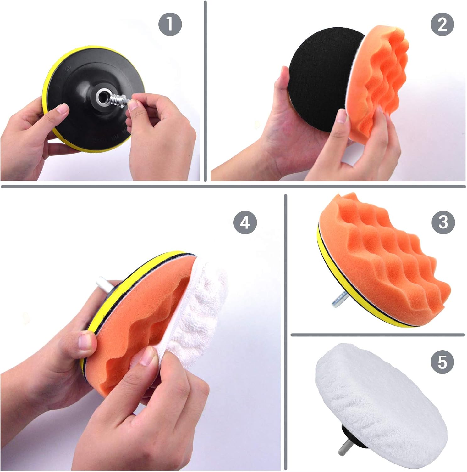 POLIWELL 6 Inch Car Polishing & Buffing Sponge Pads Kit Wool Bonnet Pads for Household Electric Drill and Auto Polisher with 8mm M14 Drill Adapter for Washing Cleaning Waxing Dusting, 11PCS : Automotive