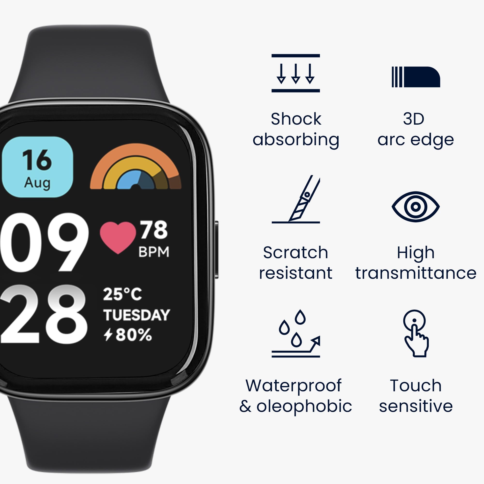 kwmobile Protective Film Compatible with Xiaomi Redmi Watch 3 Active Screen Protector - 2x Smart Watch Protector Anti-Fingerprint - Image 3