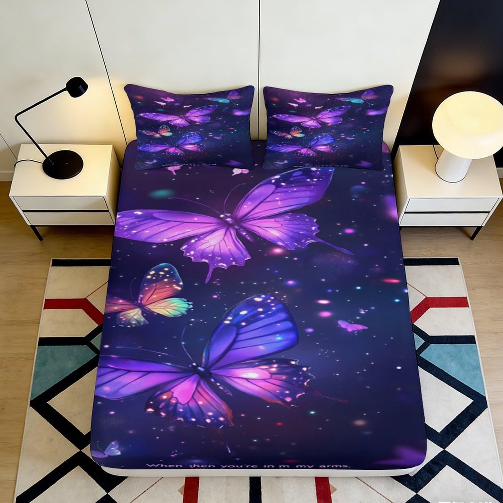 3D Printed Dream Butterfly Fitted Sheet Microfiber Elastic Full Wrap Bedroom Bedding Dream Butterfly Mattress Fitted Cover Deep Pocket Washable for Adults 200x200x25cm