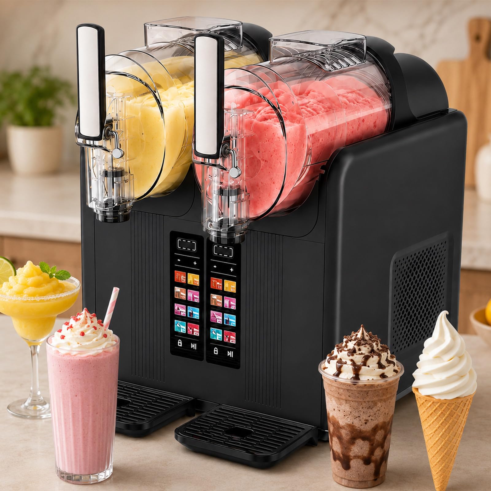 Macchina Per Granite A Doppia Vaschetta, 2x2 Litri, Senza Ghiaccio, Per Cocktail Ghiacciati E Gelato Soft, Con 7 Programmi Preimpostati, Comandi Touch A LED, Per Feste In Casa/Bar Black