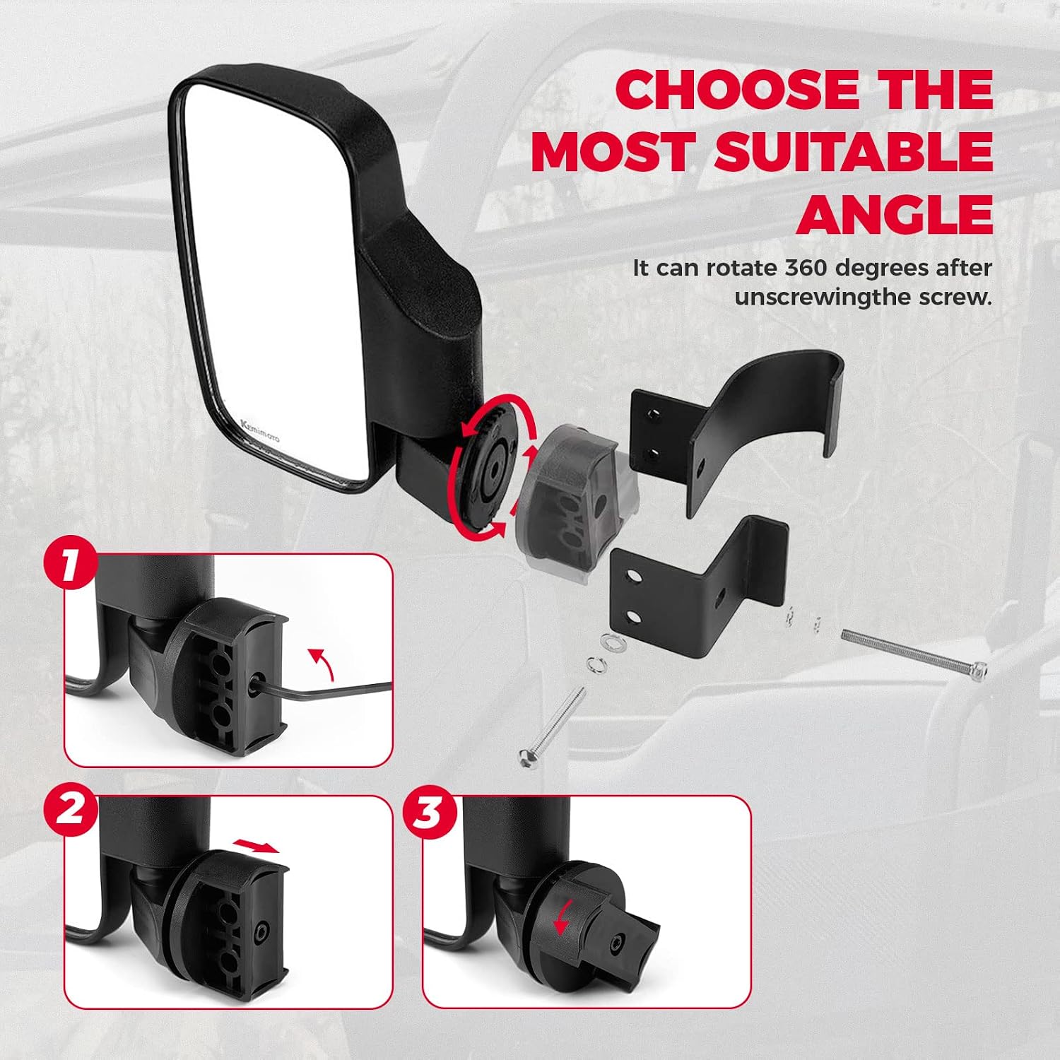 UTV Side View Mirror, Kemimoto Larger UTV Side Mirrors Compatible with Polaris Ranger 570 900 XP 1000 2015-2021 General 1000, Defender, Maverick Trail (not fit windshield full door)