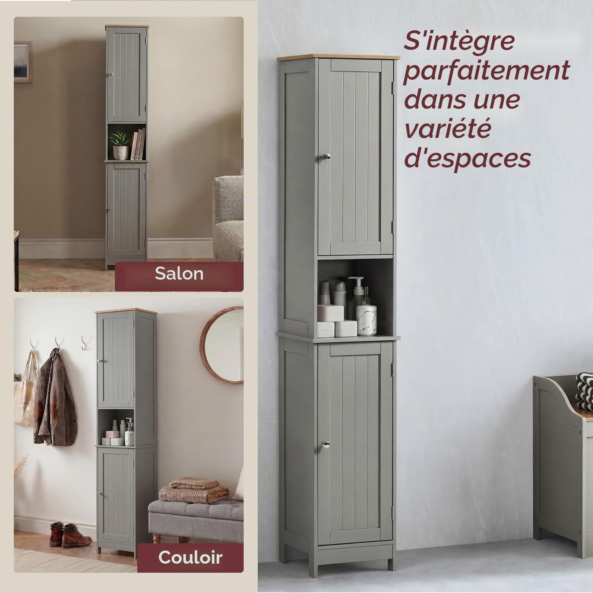 Bath Vida Priano Armoire de Salle de Bain Armoire de Rangement sur Pied en Bois Gris