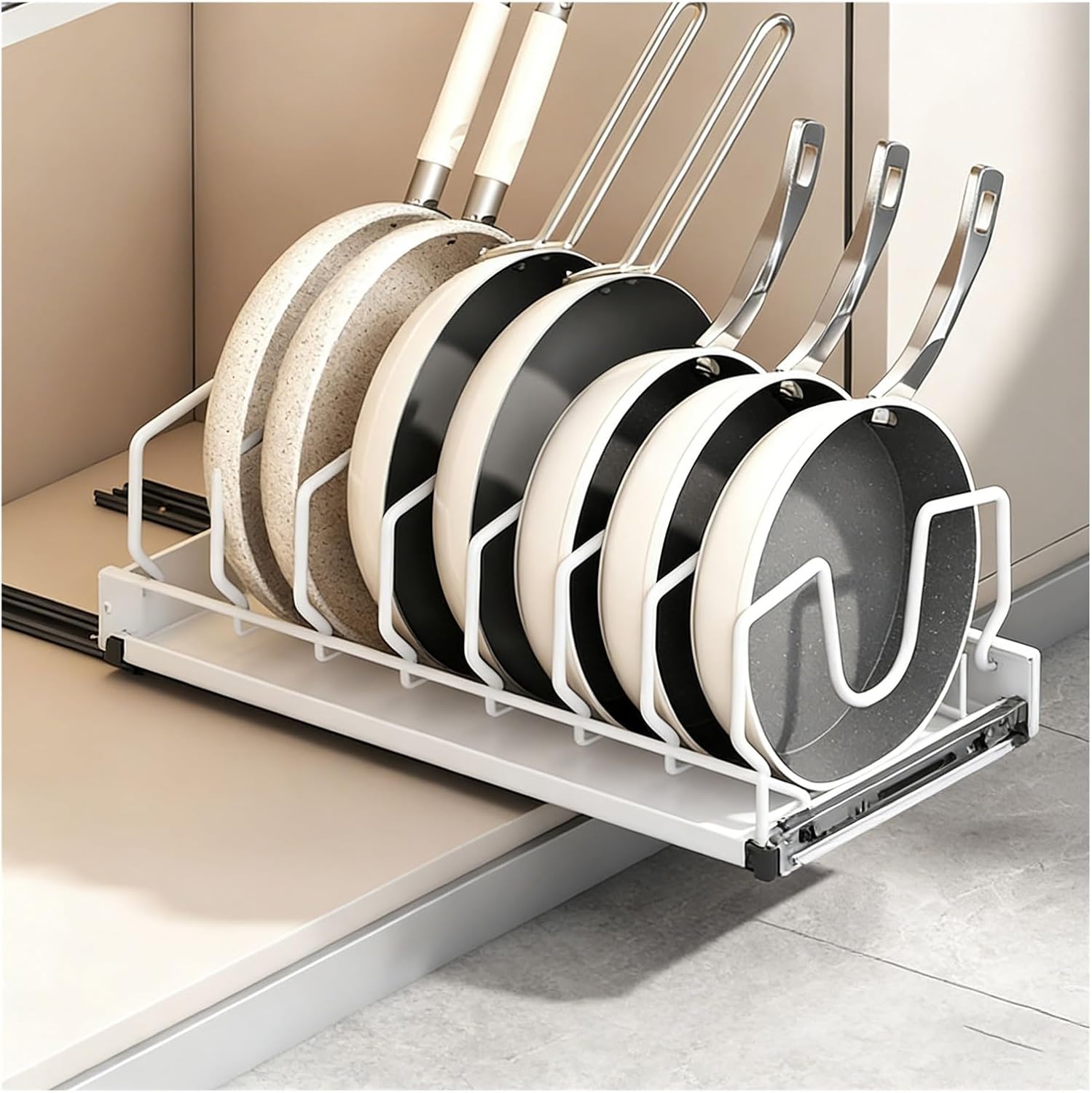 Space Saving Cookware Frying Pan Organizer Rack, Heavy Duty Pans And Pots Storage Holder For Cabinet, Countertop Perfect Kitchen Storage Solution(White)