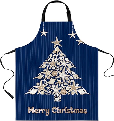 Miniatura 1 de Navy Blue Christmas Tree Bib Aprons with Pockets Waterproof, Adjustable Apron for Men Women Xmas Coastal Starfish Shell