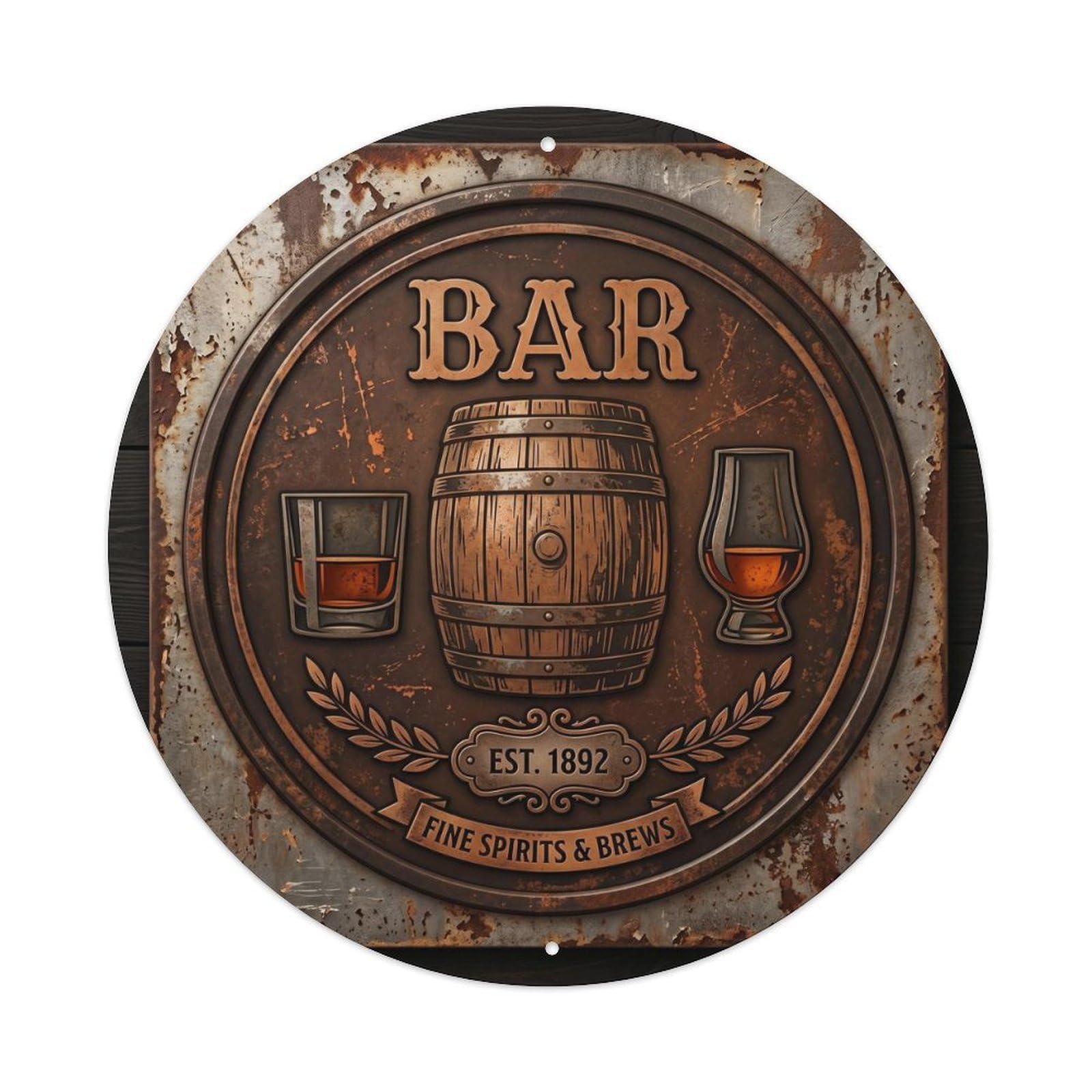 BAR Whiskey Barrel Emblem Metal Tin Sign Plaque Wall Decor for Cafe, Club Bar, Office, Home Garden Round Metal Poster 8x8Inch