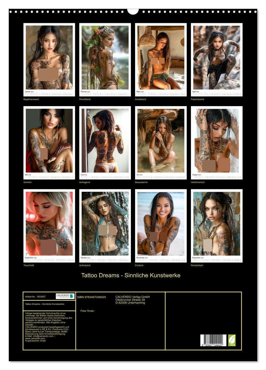 Tattoo Dreams - Sinnliche Kunstwerke (Wandkalender 2026 DIN A2 hoch), CALVENDO Monatskalender: Erotische Frauen verzaubern mit sexy Tatoos. (CALVENDO Erotik)