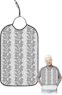 Adult Bibs for Elderly Women - Black Grey Botanical Waterproof Dining Clothing Protectors with Crumb Catcher for Eating/Feeding, Pastoral Spring Summer Leaf Aesthetics Terry Cloth Bib Machine Washable