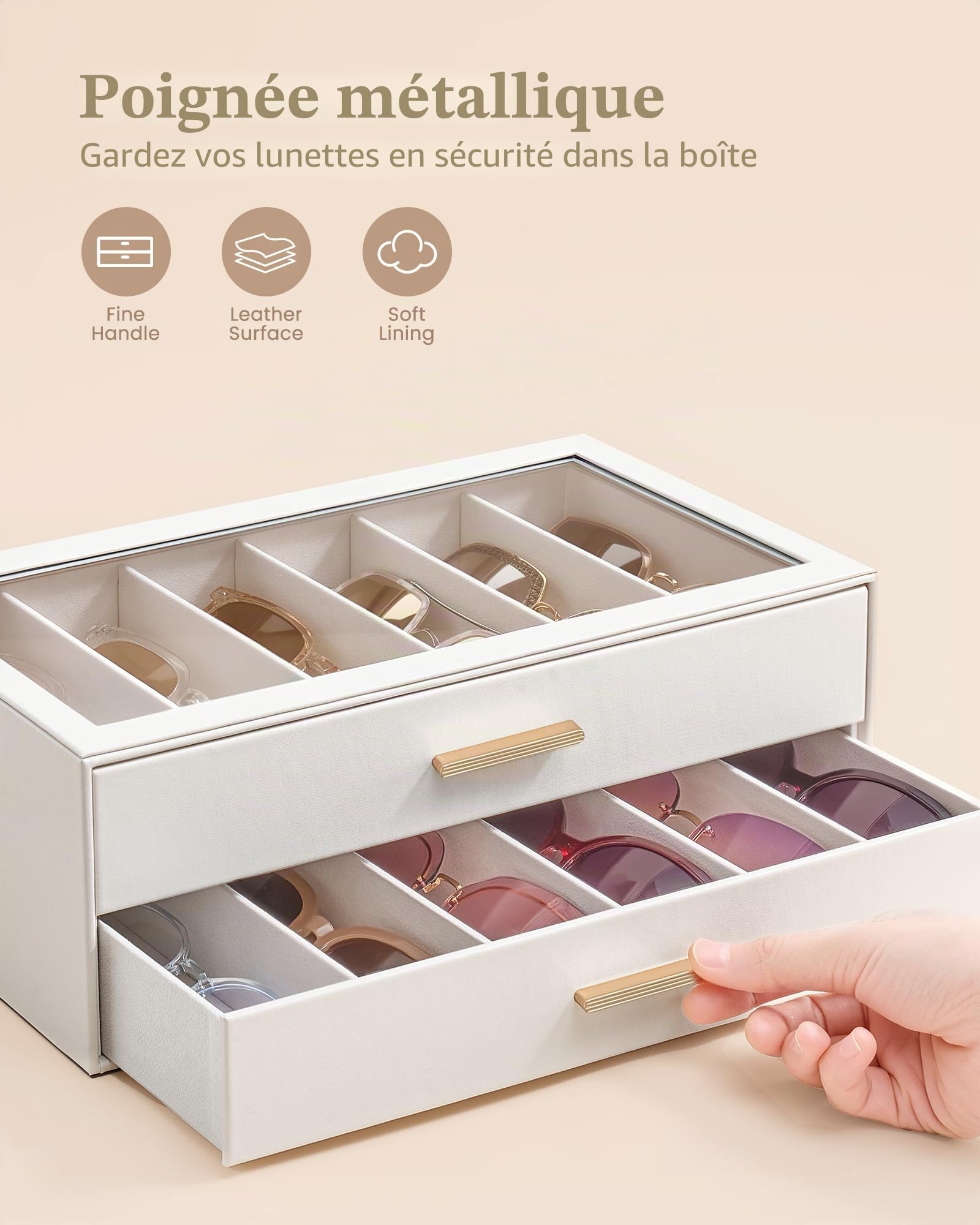 Lolalet Boîte à Lunettes, Rangement de Lunettes de Soleil avec Couvercle Transparent et Tiroirs, Grande Capacité pour Lunettes et Accessoires