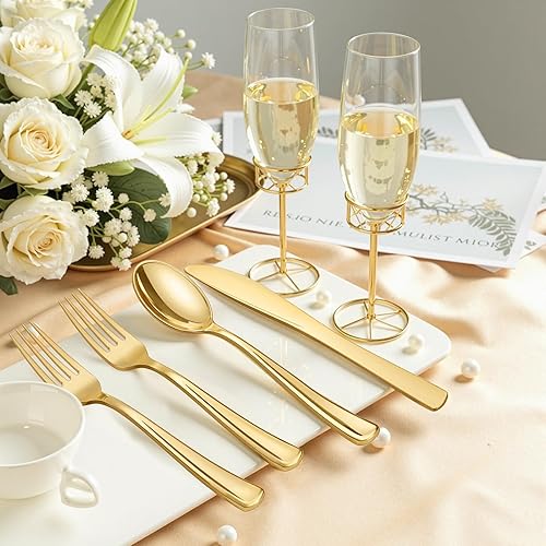 Miniatura 6 de NOCCUR 400 cubiertos de plástico dorados, cubiertos de plástico dorado que incluyen 200 tenedores, 100 cucharas, 100 cuchillos, cubiertos