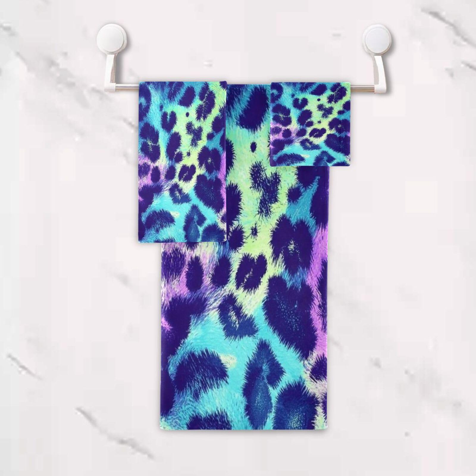 Set di 3 asciugamani colorati con stampa leopardata psichedelica decorativa, 1 asciugamano da bagno, 1 asciugamano per mani, 1 panno per spiaggia, capelli, viso, palestra, nuoto, cucina