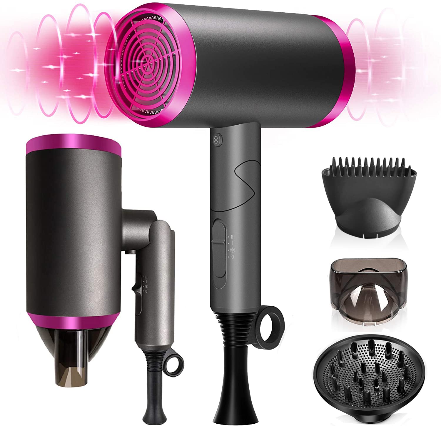 Foldable Ionic Hair Dryer with Diffuser, 1800W Power Hair Blow Dryer Fast Drying, Hot/Cold Air, 2 Speed & 3 Heating Setting, Lightweight Hairdryer for Home, Travel