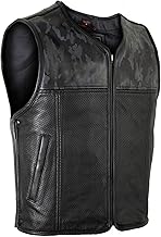 MDM Men's Leather Vest Cowl with Perforated Leather and Camo/Black Pattern