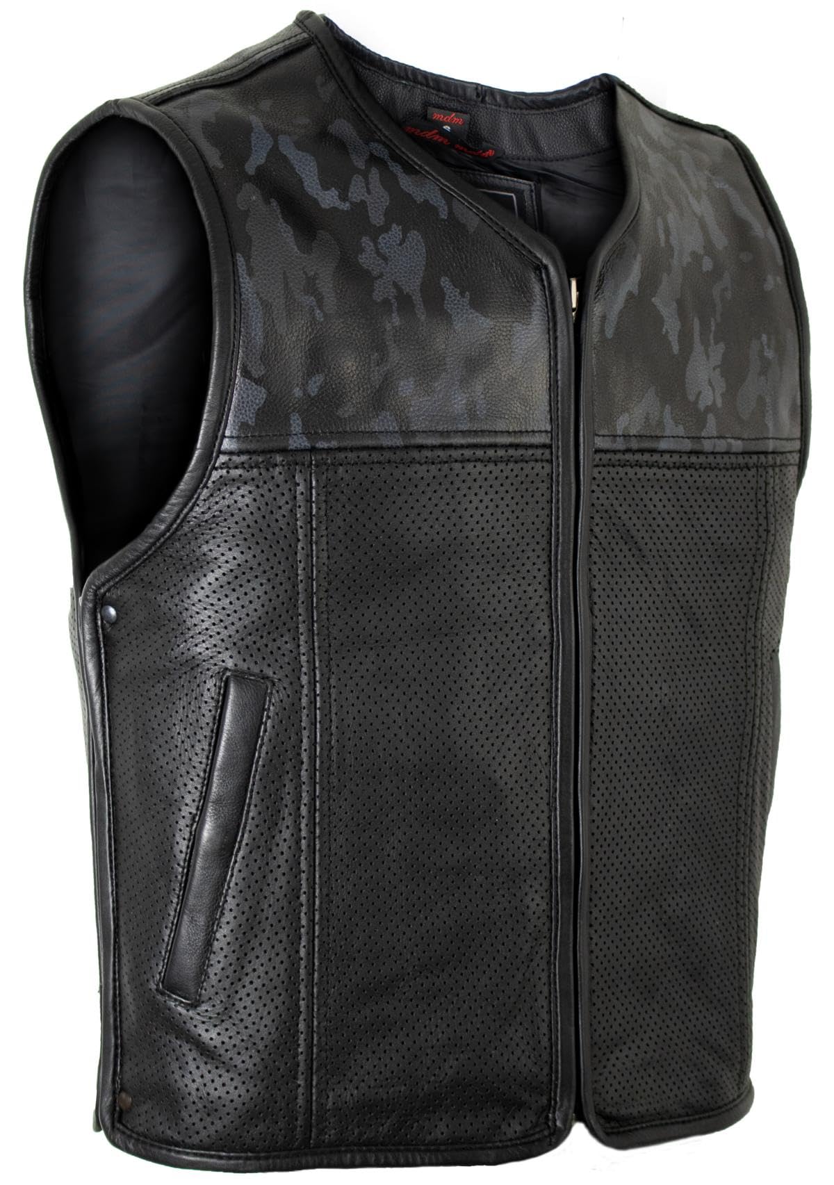 MDM Herren Lederweste Kutte mit Perforiertem Leder und Camo/schwarz Muster
