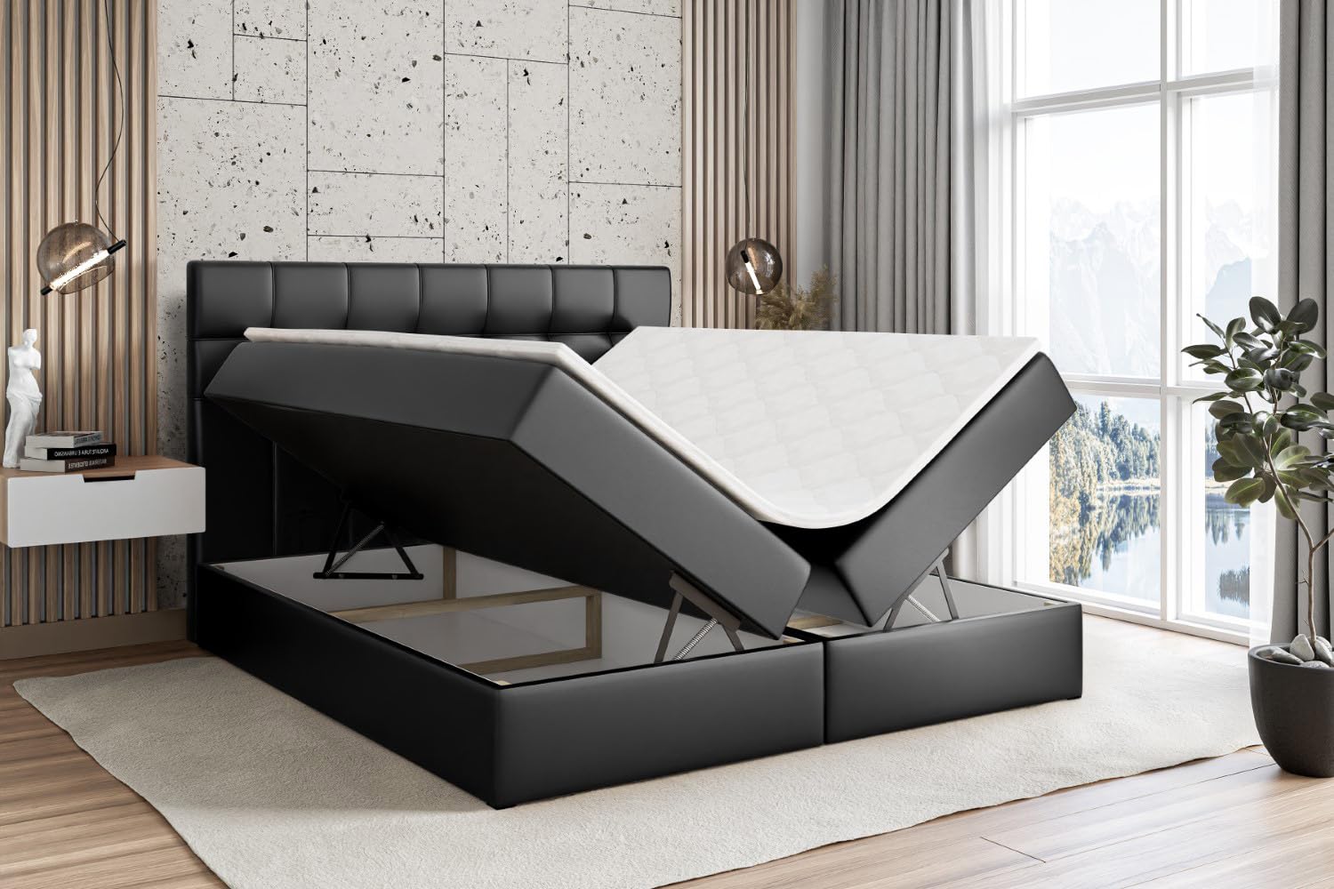 ALTDECOR Boxspringbett mit H4-Matratze BERO - 180x200 - Schwarz | Lattenrost, Topper, Boxspringbett mit Bettkasten, Bett mit Stauraum, Doppelbett, Polsterbett
