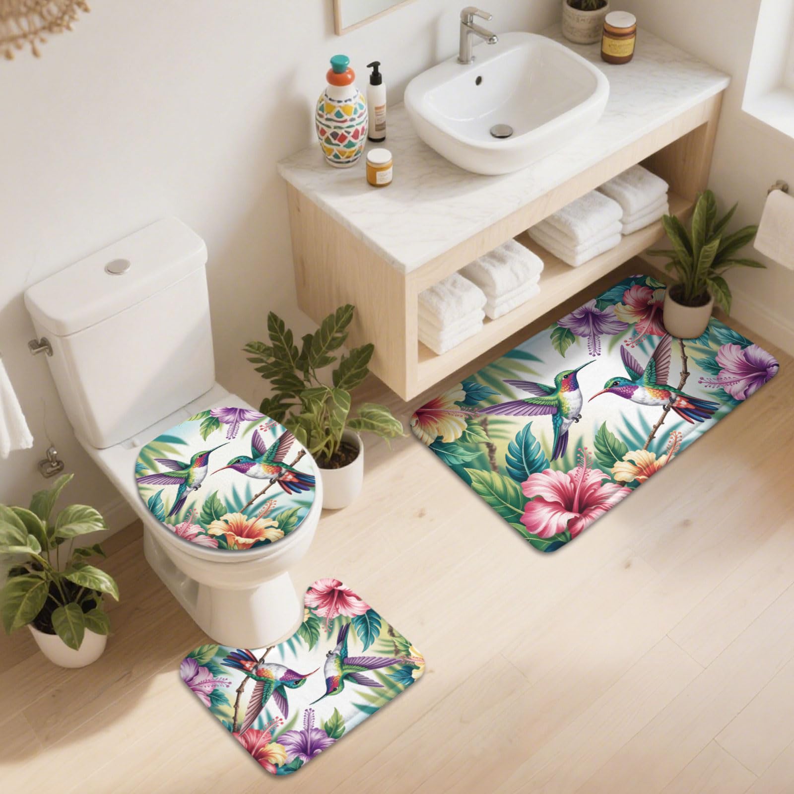 peacoblue Ensemble de Tapis de Bain 3 Pièces Style Colibri avec Fleurs, Tapis de Salle de Bain Antidérapant et Lavable, Tapis de Sol avec Housse de Couvercle de WC pour Toilettes