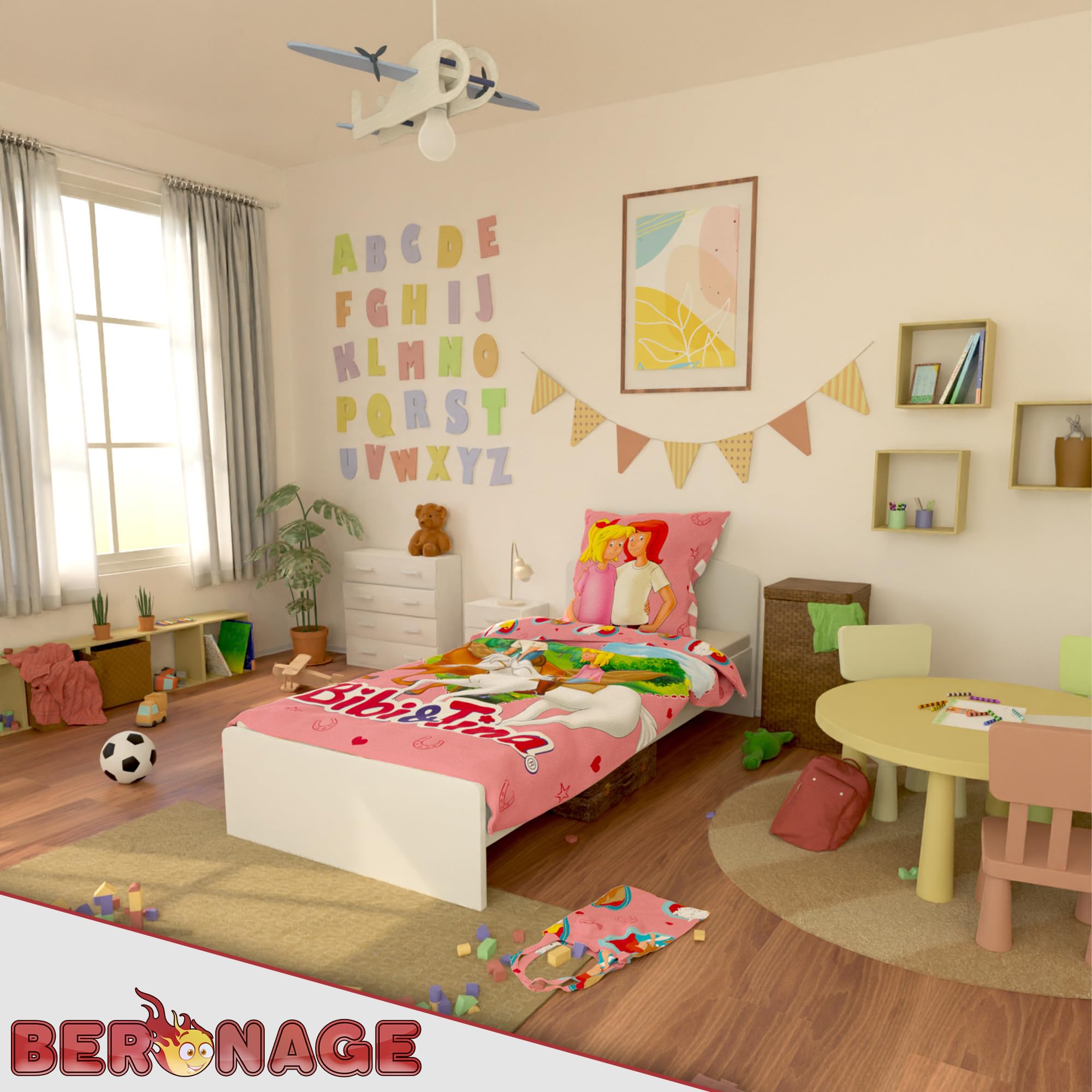BERONAGE Bibi und Tina Kinderbettwäsche Herz - 135 x 200 cm + 80 x 80 cm – 100% Baumwolle Renforcé-Linon – Bettwäsche mit Motiven von Amadeus & Sabrina - Reiten - Reißverschluss, deutsche Größe