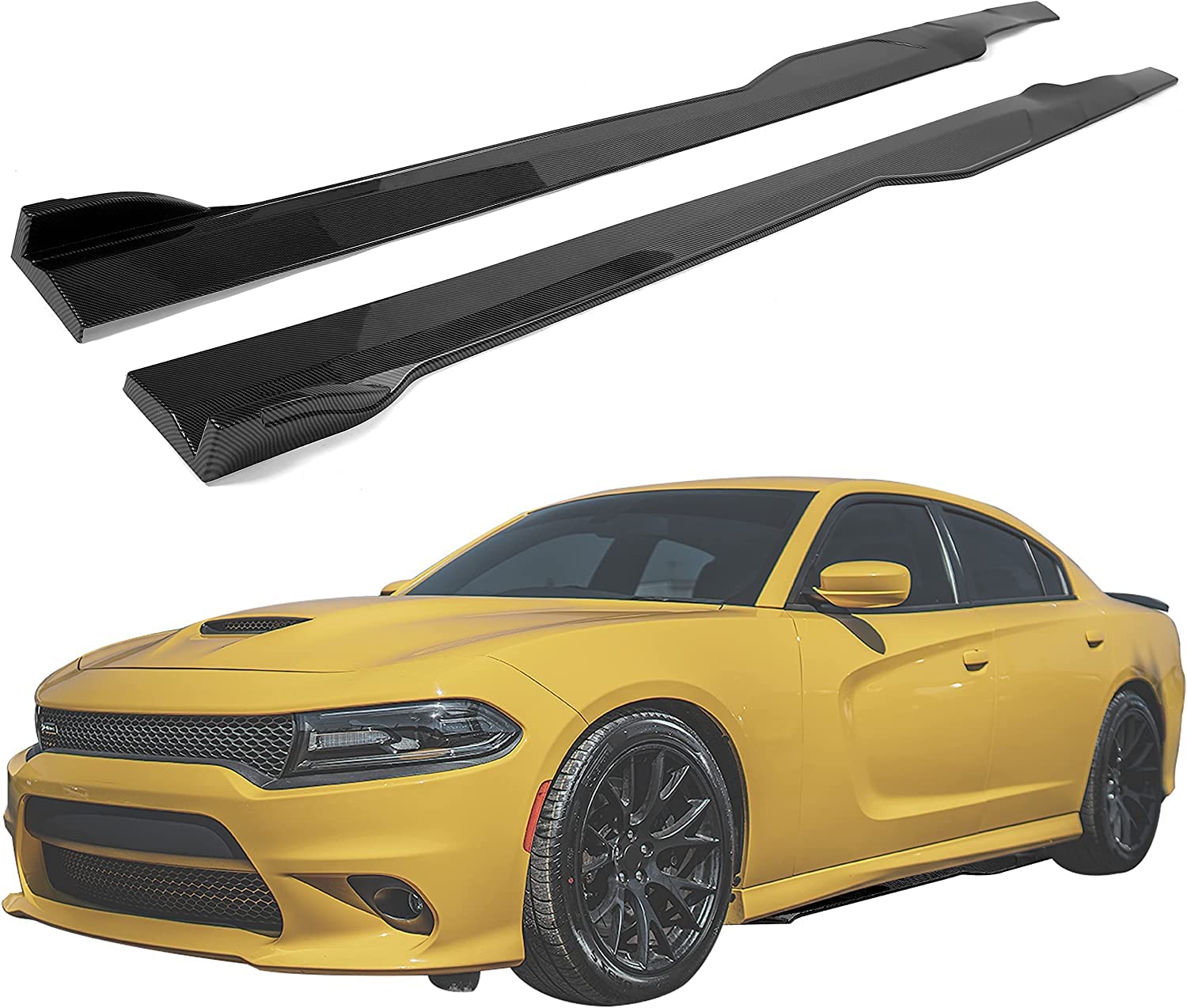 HECASA Side Skirts Extension Body Kit Replacement Compatible with 2015-2023 Dodge Charger SRT Rocker Panels Guard Side Splitter Pair Carbon Fiber