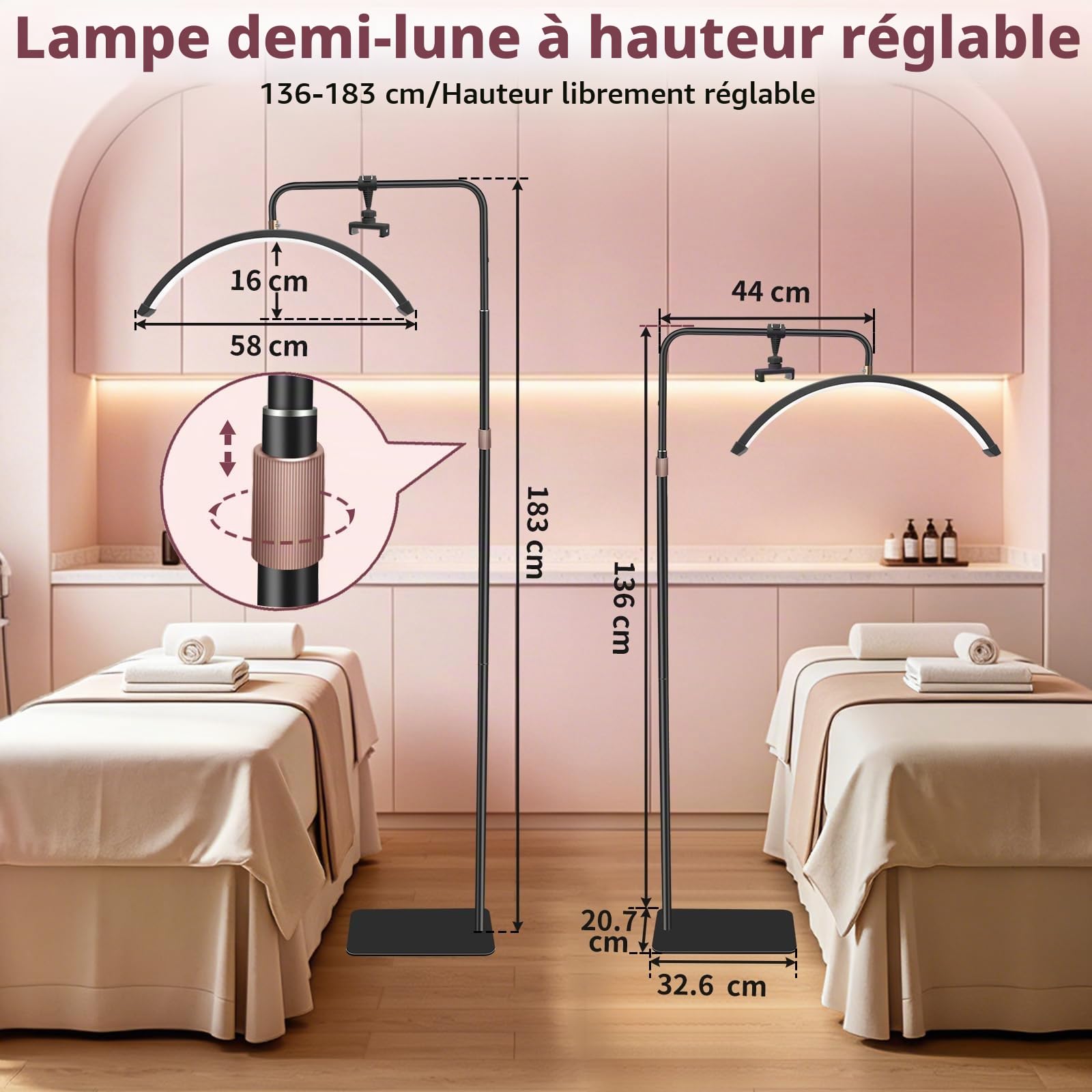 Diesisa Lampe Demi Lune Extension De Cils: Luminosité réglable Lampe Demi Lune - Avec support pour téléphone - TêTe De Lampe Rotative à 360° - Utilisé Pour Les Extensions De Cils, Les Tatouages -Noir