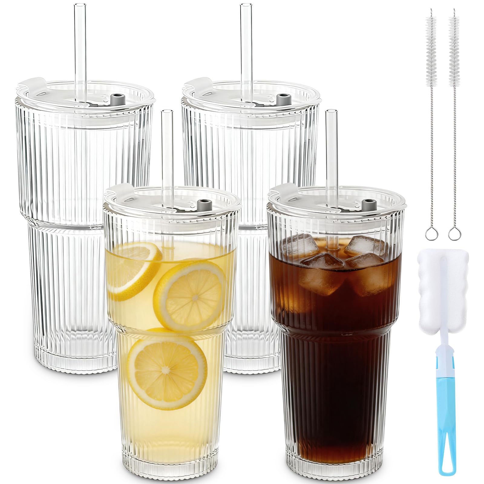 NBBENG 4Pcs Ribbed Tumblers with Lids and Glass Straws Iced Coffee Cup, Reusable Ice Coffee Glass with Brush for Drinks, Water, Cocktail, Whiskey, Soda, Tea, Juice, Smoothie Cup 600ML