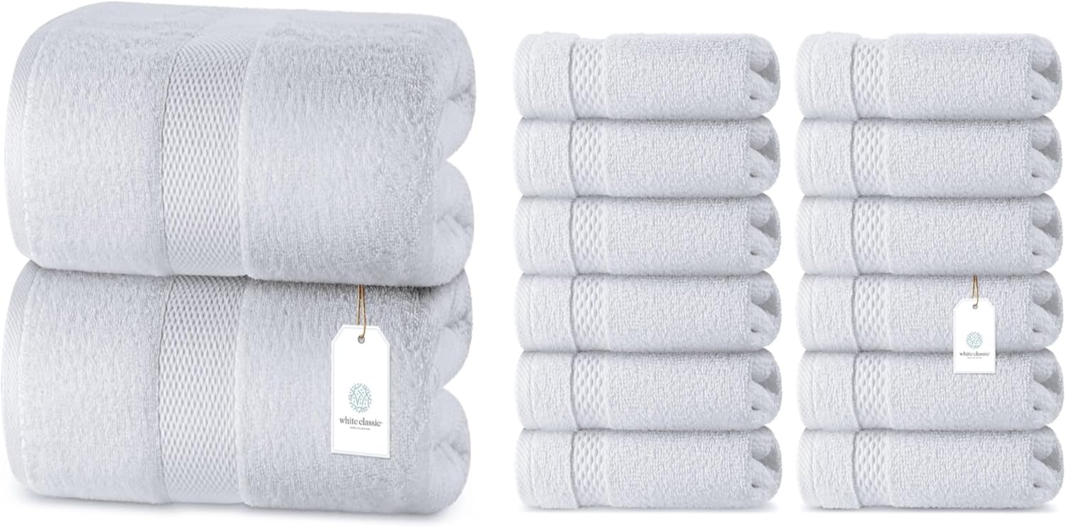 White Classic 2 Luxury White Bath Sheet Towels 35 x 70 and 12 Luxury White Washcloths 13 x 13 | Cotton, Highly Absorbent and Quick Dry for Hotels, Spa and Bathroom