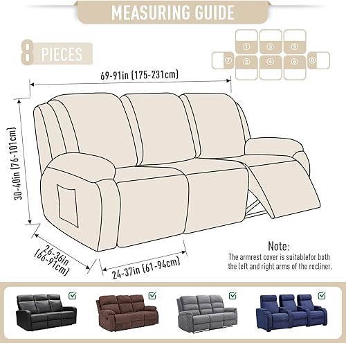 Miniatura 6 de TAOCOCO Fundas para sofá reclinable, 8 piezas, fundas elásticas para sofá grande de 3 asientos, fundas reclinables, protector de muebles con patrón