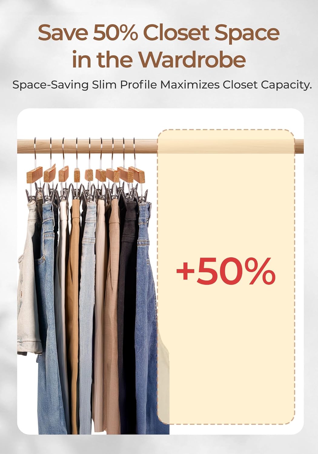 SMARTOR Natural Wooden Pants Hangers 20 Pack, Heavy Duty Skirt Hanger with 2-Adjustable Clips, Space Saving Shorts Hanger with 360°Swivel Hook, Essential College Dorm Hangers for Jeans, Trousers