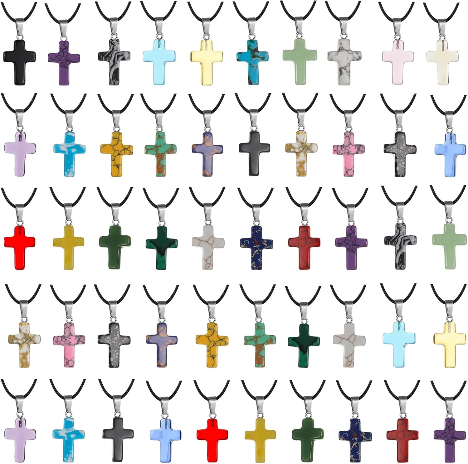 50 PCS Stone Cross Pendant Necklaces, Adjustable Cord, Natural Gemstone Charms with Polished Finish, DIY Jewelry Making Cross Charms for Bracelets Earrings Presents
