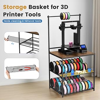 3D Printer Stand with Filaments Storage, 29.13L x 22.44W 3D Printer Table Filament Organizer Spools Holder Racks with Removable Basket, Hold Spool PLA, ABS, PETG for Workshop Studio Office (Brown)