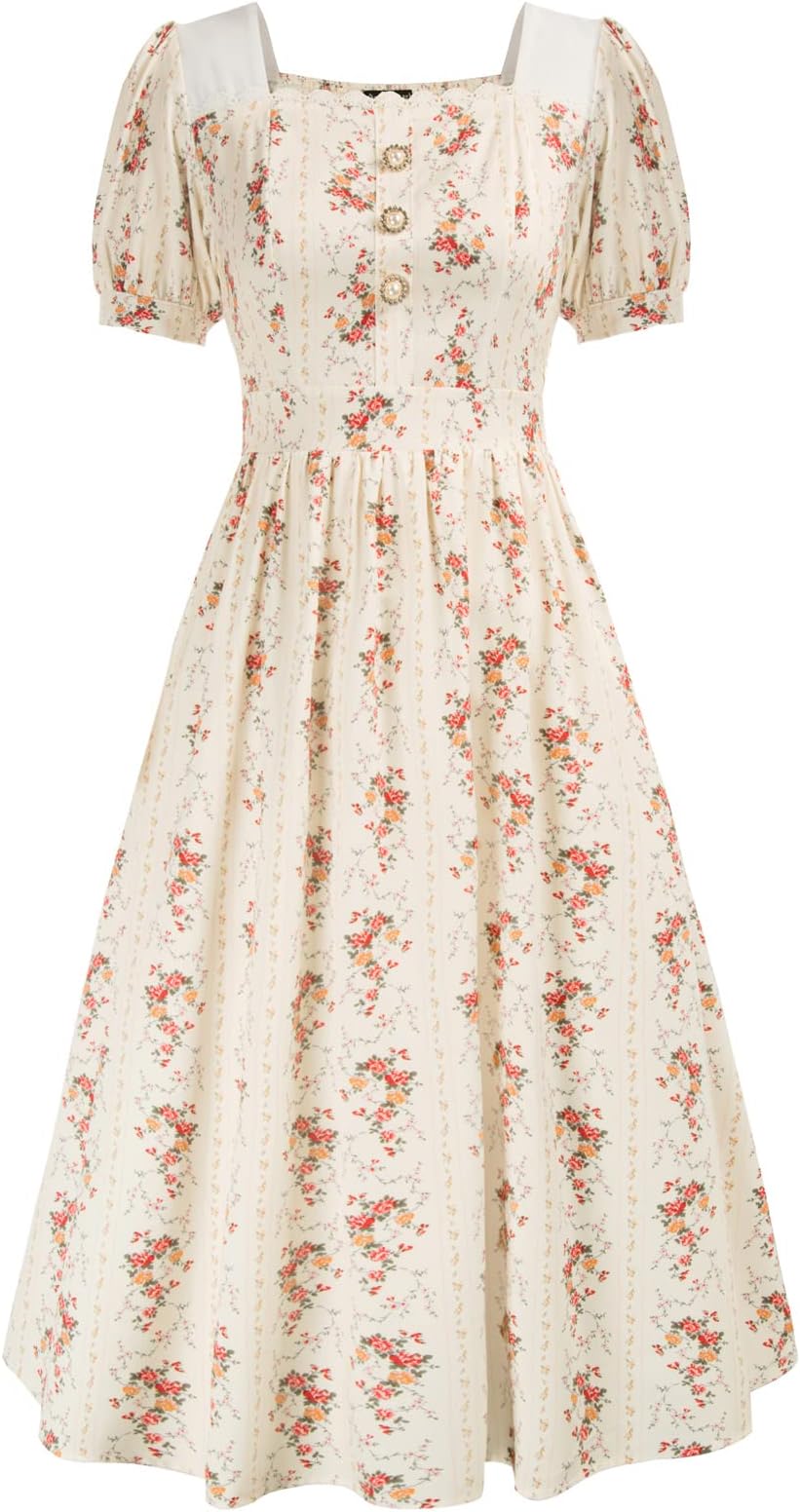 Women Elegant Victorian Dress Floral Square Neck Dresses Vintage 1950's Dress
