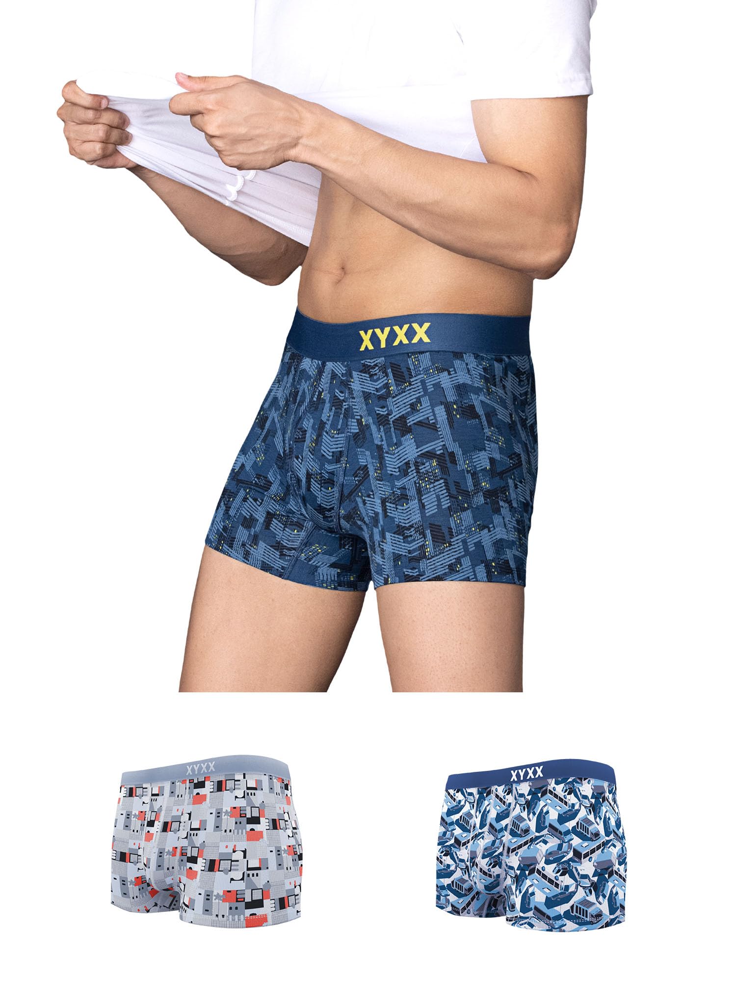 xyxx Men's Urbane & Flux Micromodal Regular Fit Printed Antimicrobial Trunks with No Marks Waistband (Pack of 3)-picture-36