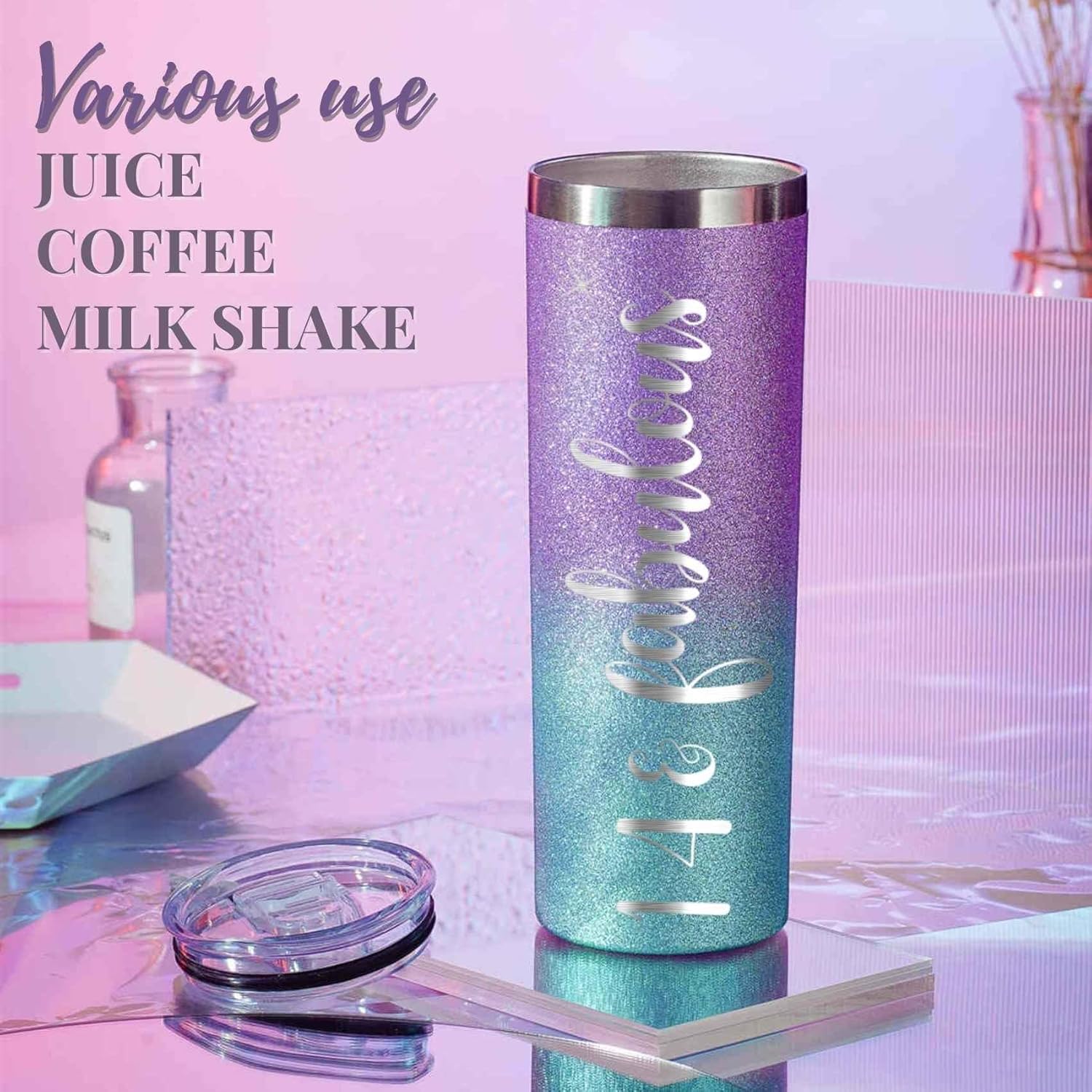 Onebttl 14th Birthday Girl Gifts, 14th Birthday Decorations & Party Supplies for 14 Years Old, Teenager&Teen Gifts, 20oz Insulated Stainless Steel Tumblers with Lids and Straws - 14 & Fabulous - Image 3