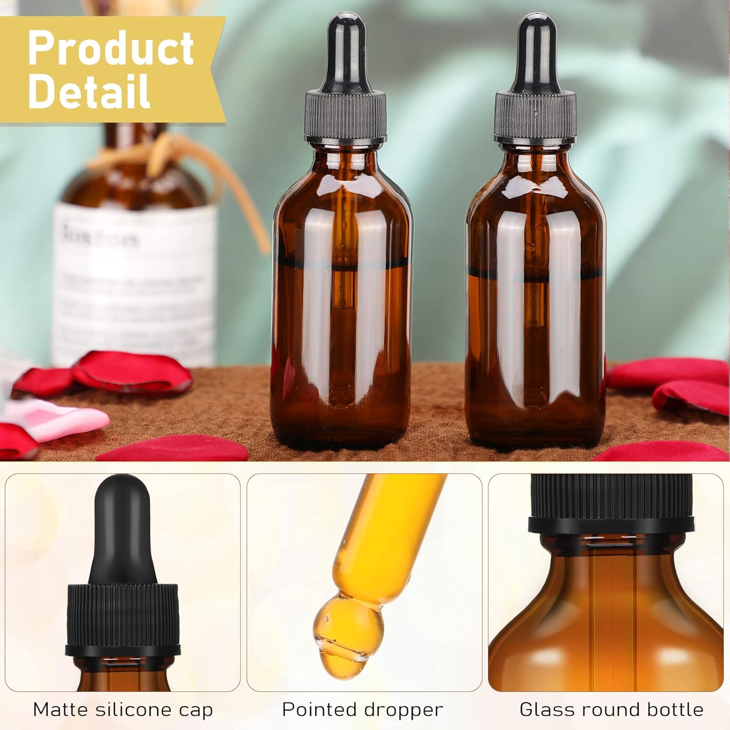 Nuogo 36 Pcs 2 Oz Glass Dropper Bottle with 10 Stainless Steel Funnels and 3 Labels, 50 ml Empty Tincture Bottles Eye Dropper Bottle with Caps Travel Bottles for Essential Oils, Liquids (Amber) : Everything Else