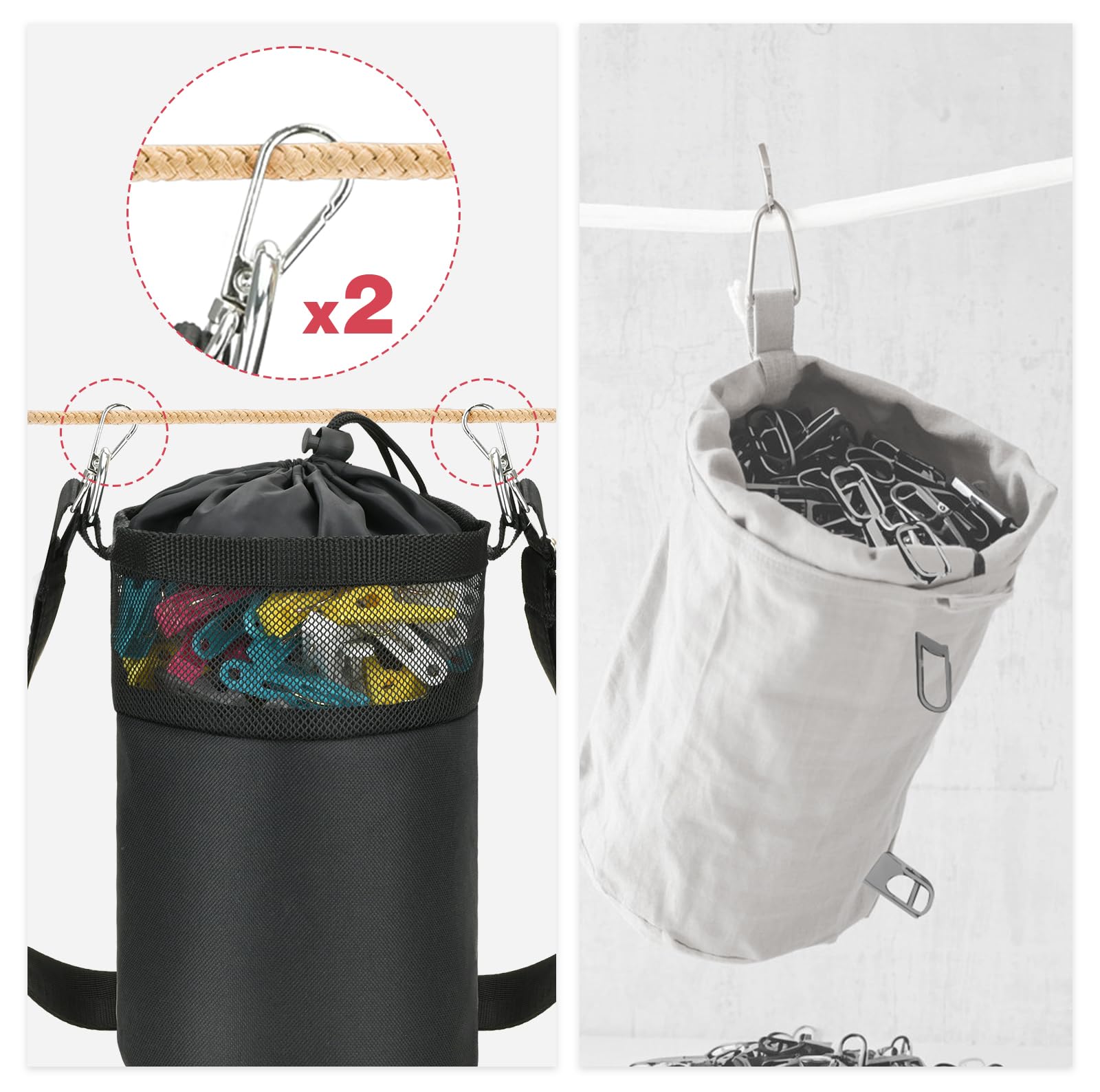 Mellbree Premium Peg Bag for Washing Line with Hanger Black Peg Bag with Closing Cord and Shoulder Strap for Laundry Clothes Pegs Indoor Outdoor Pegs Organizer Storage Use - Image 2