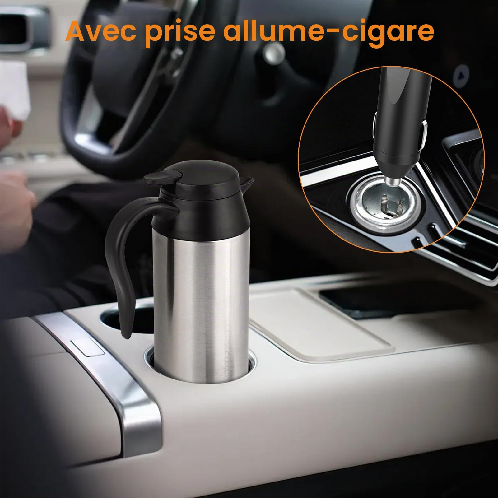Wakects Bouilloire de Voyage 750ml pour Voiture en Acier Inoxydable, DC 12V 120W Allume Cigare Portable pour Eau Chaude, Café