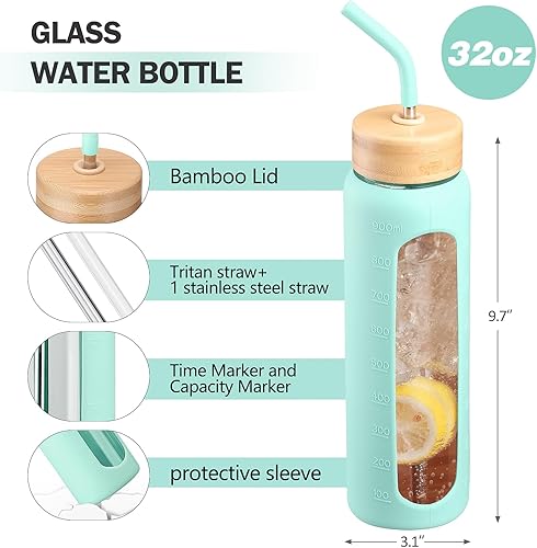 Miniatura 3 de Botella de agua de vidrio de 32 onzas con popote y 2 tapas, bambú y tapa de boquilla, botella de agua deportiva motivacional con funda de silicona y