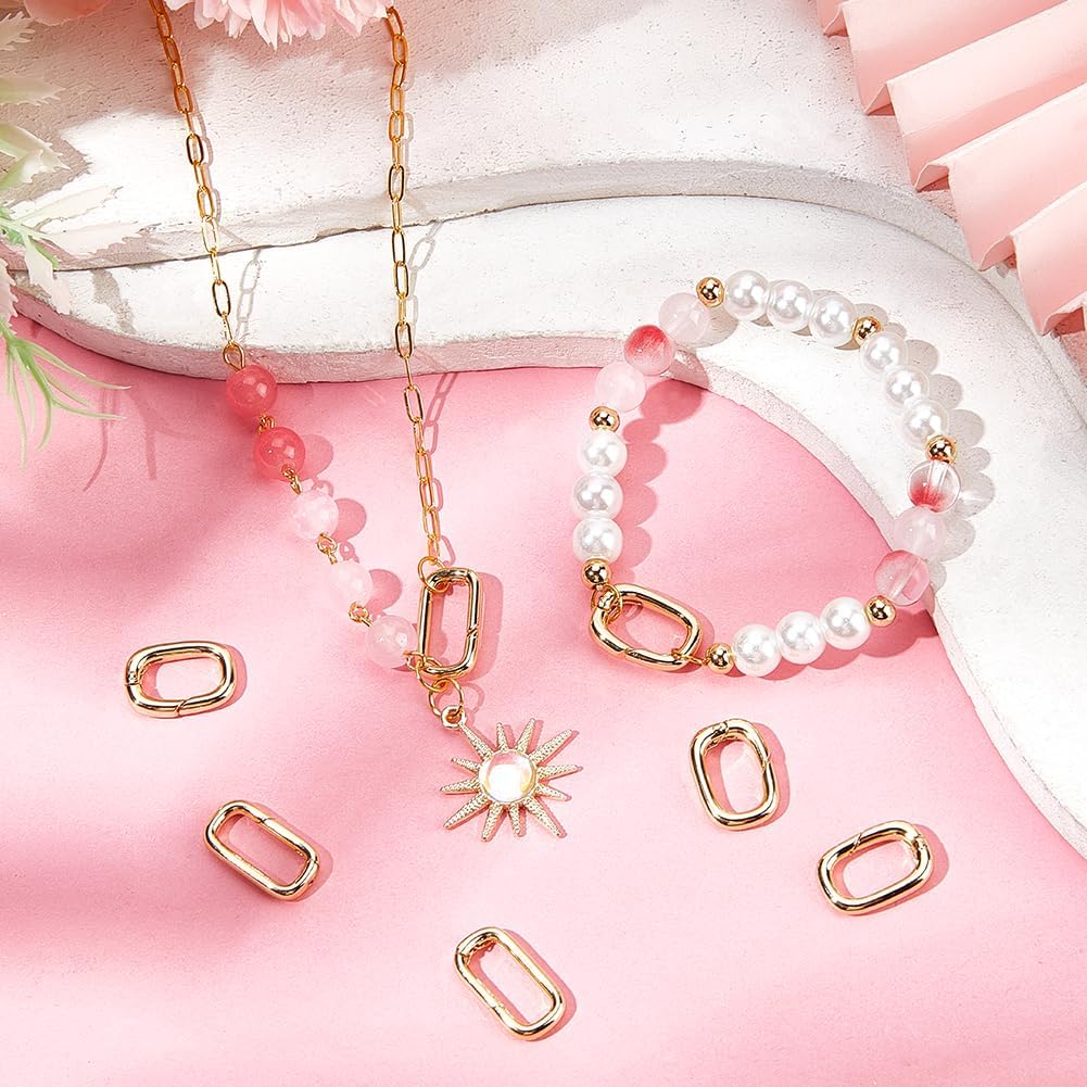 Beebeecraft 1 Box 8Pcs Oval Key Ring Real 18K Gold Plated Brass Gate Rings Rectangle Carabiner Lock Clasps Spring Keyring Buckle Snap Clip Hooks for Jewelry Making Supplies Necklace Bracelet DIY Craft