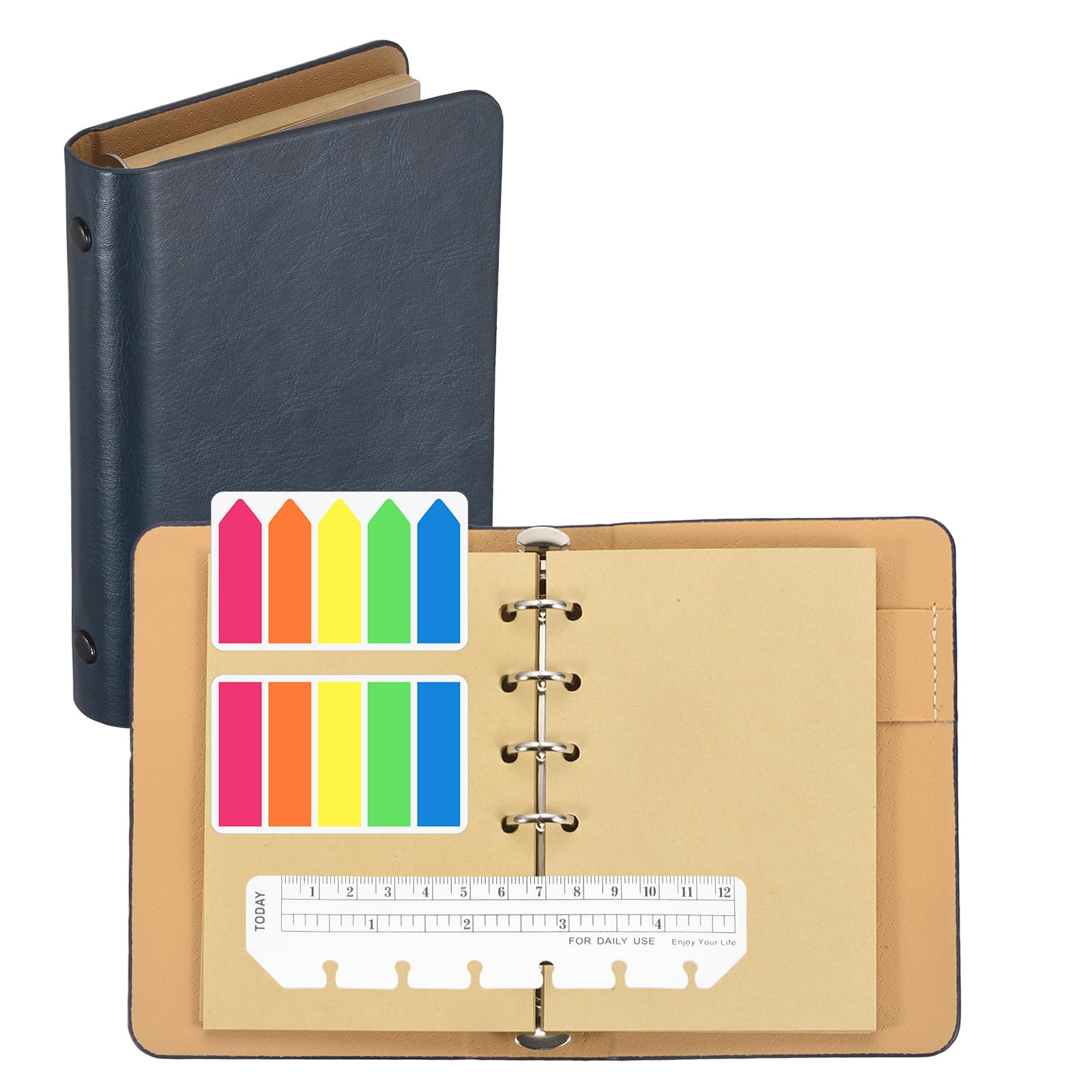 PATIKIL A6 Kraft Pages 6 Ring Binder, Leather Notebook with Transparent Bookmark Ruler and Colorful Index Sticky Tabs for Office Study Work, Navy Blue