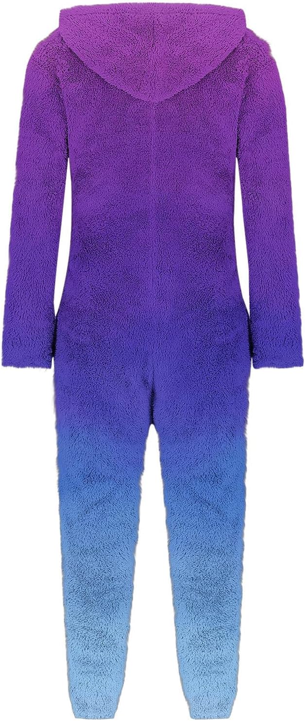 Women's Fuzzy One Piece Pajama Warm Winter Pajamas Ombre Fleece Jumpsuits with Hood Zip Up Plush Romper Loungewear