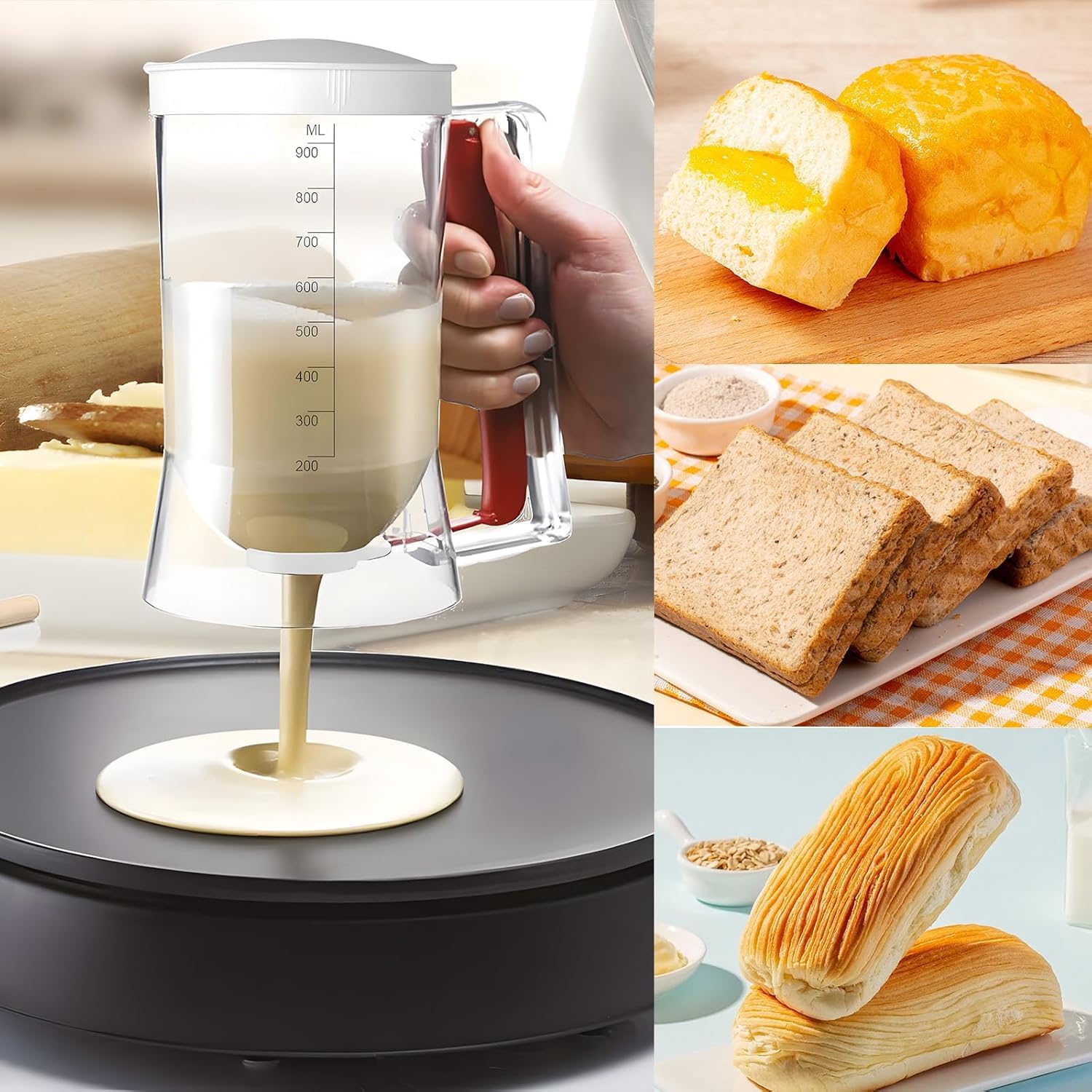 Dispensador de Masa 900ML Batter Dispenser con Mango de Resorte Diseño Transparente Dispensador de Masa con Escala para Muffins, Panqueques, Gofres