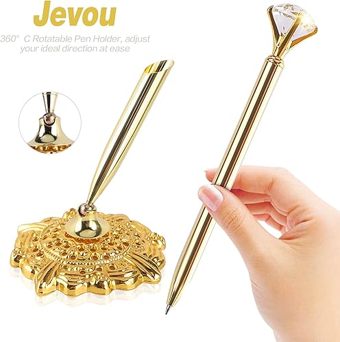 Miniatura 10 de Juego de bolígrafo redondo hueco con bolígrafo de cristal grande para boda, compromiso, fiesta, recuerdos, dorado, con bolígrafo blanco