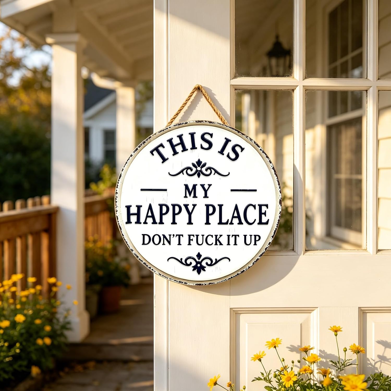 Funny Garden Metal Sign -"This Is My Happy Place Don't F*ck It Up Farmhouse Outdoor Art, Vintage Decor, Welcome Round Sign for Home Garden Farm Bar or Coffee Wall Decor (7.9 * 7.9in) image 4