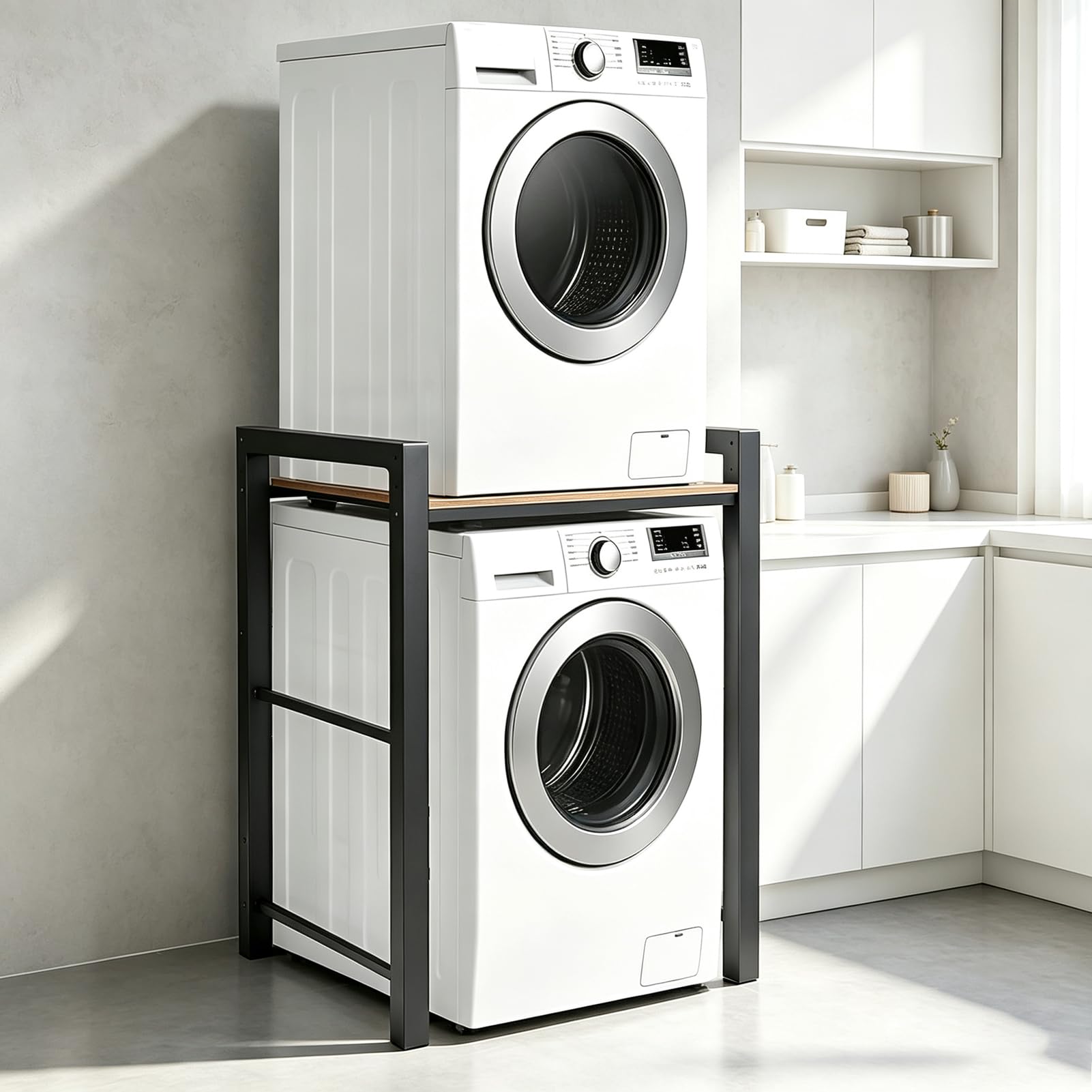 Waschmaschinenregal, Regal für Waschmaschine und Trockner –350kg Tragkraft, Waschmaschine Trockner Schrank mit 3 Einstellbaren HöHenverstellbares, Waschmaschinenschrank 95x105x65cm (Schwarz)