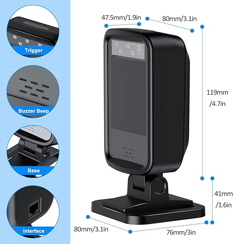 Miniatura 5 de 1D2D automático omnidireccional de escritorio con cable USB lector de código de barras, Plug and Play, escáner de código de barras manos libres para