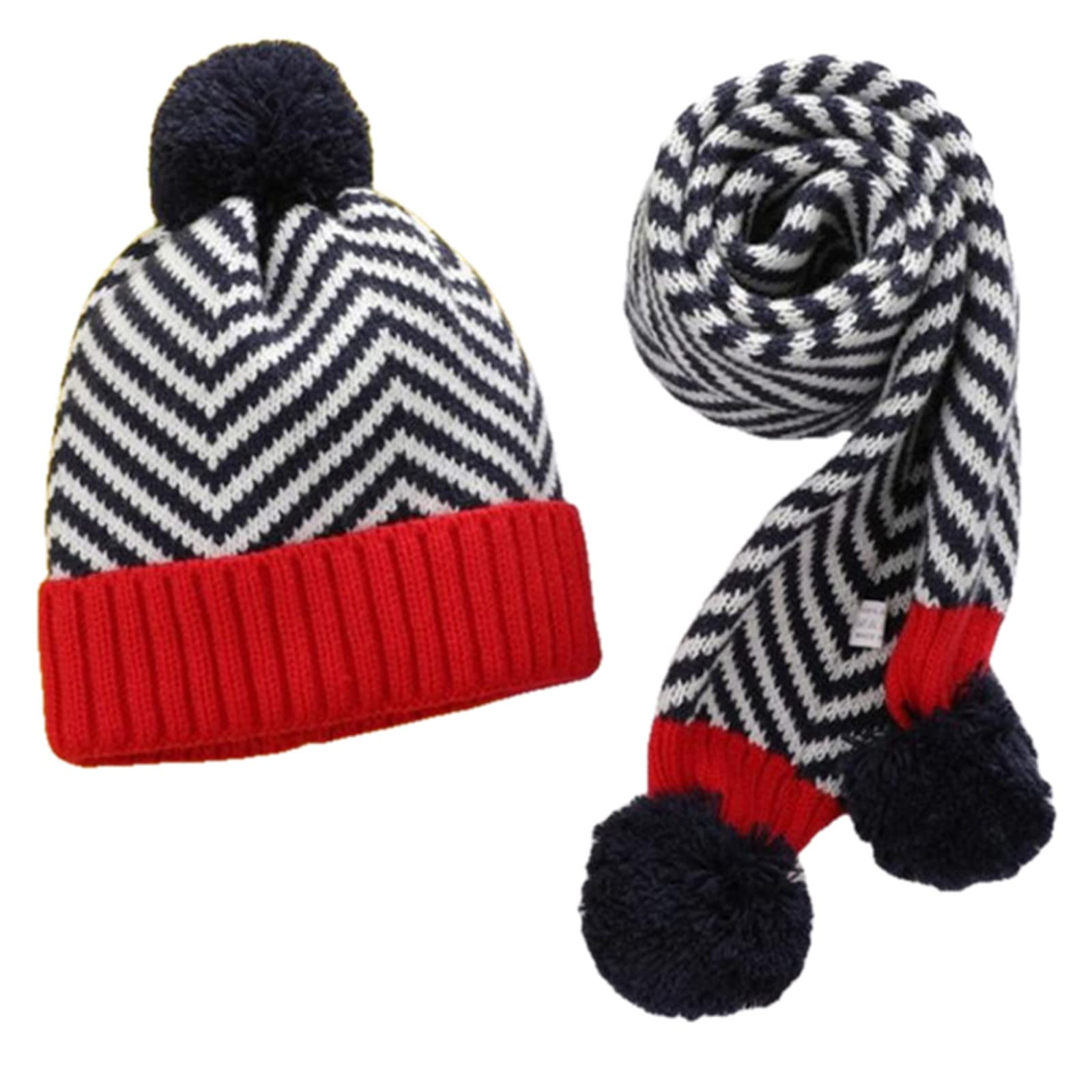 Gorro de invierno para niños y bufanda de punto rojo 44-52cm set infantil de 2 piezas con pompones 7