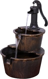 Alpine Corporation 27" Rustic 2-Tier Barrel Pump Outdoor Water Fountain - Bronze Cascading Patio Garden Feature