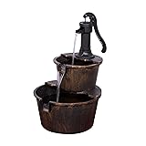 Alpine Corporation 27' Tall Rustic Outdoor 2-Tier Barrel Pump Water Fountain with Soothing Cascading Water Flow for Patio, Yard, Porch, or Landscape, Bronze 27' H 2-Tier Barrel & Pump